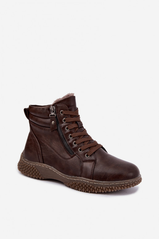 Women's insulated ankle boots with fur inside made of faux leather in brown color Ulverina
