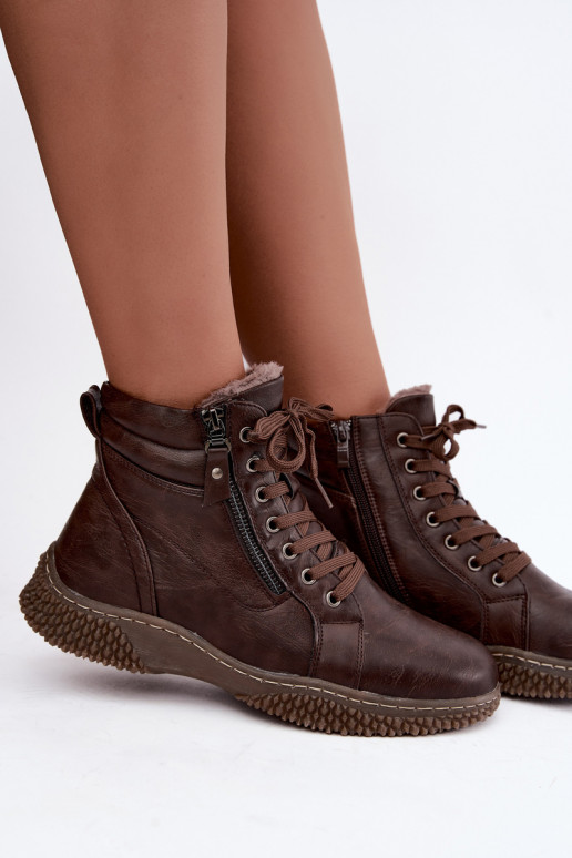 Women's insulated ankle boots with fur inside made of faux leather in brown color Ulverina
