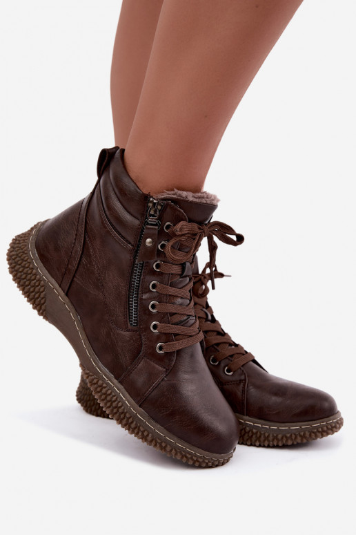 Women's insulated ankle boots with fur inside made of faux leather in brown color Ulverina