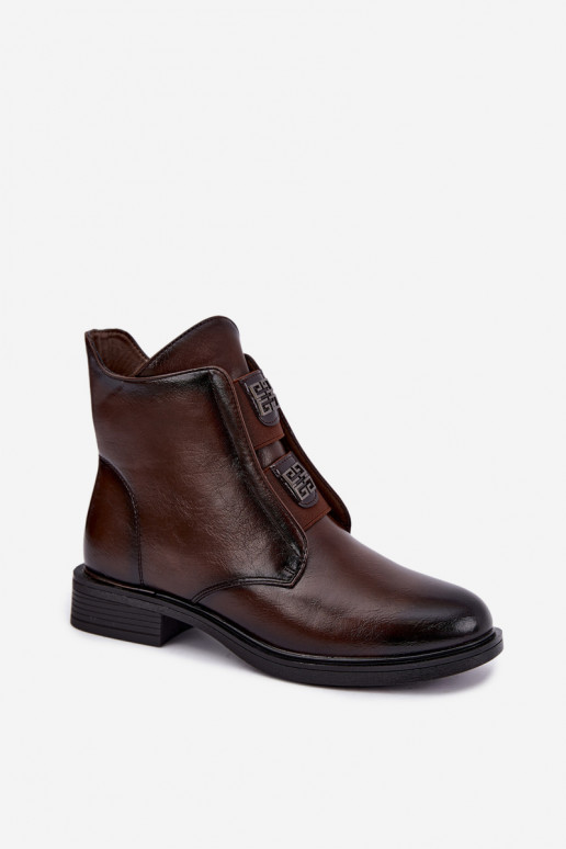 Women's insulated ankle boots on low heels with beautiful details in dark brown color Tavressa