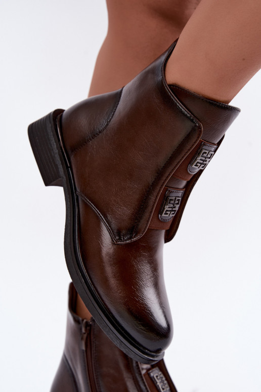 Women's insulated ankle boots on low heels with beautiful details in dark brown color Tavressa