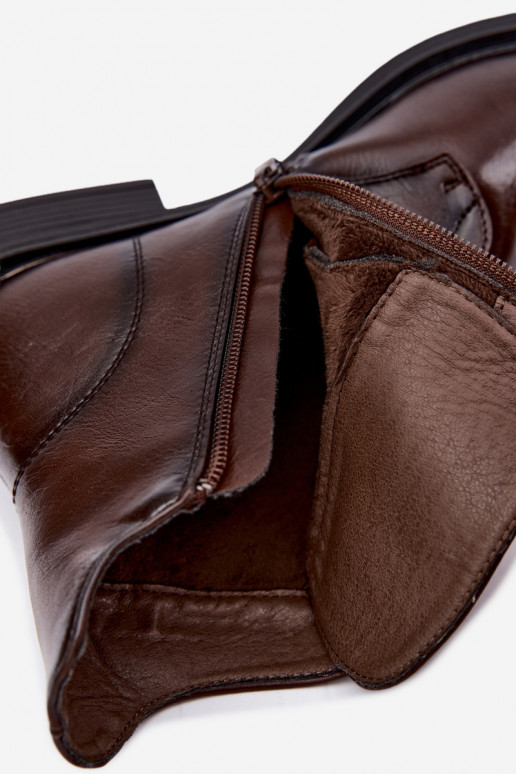 Women's insulated ankle boots on low heels with beautiful details in dark brown color Tavressa