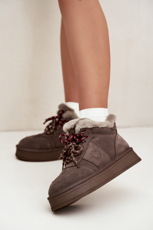 Dirbtinės zomšos moteriški sniego batai su raišteliais Big Star UU274313 rudos spalvos