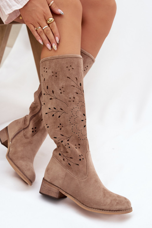 Sand-colored women's knee-high boots with cut-out elements Helinna Klocke