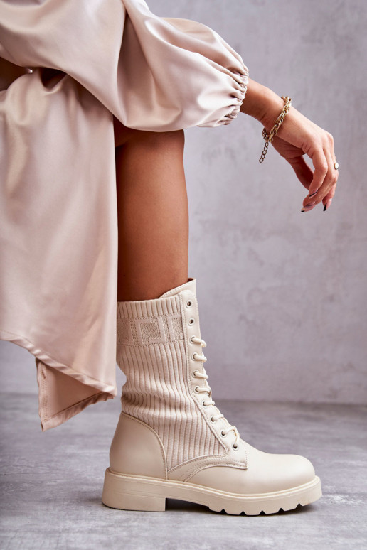 Women's ankle boots with sock-type shaft and wide heels in sand color Liam