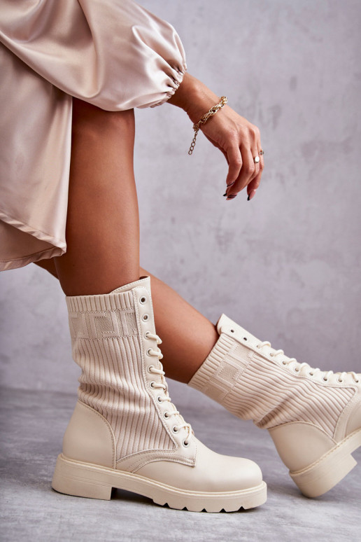 Women's ankle boots with sock-type shaft and wide heels in sand color Liam