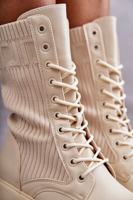 Women's ankle boots with sock-type shaft and wide heels in sand color Liam