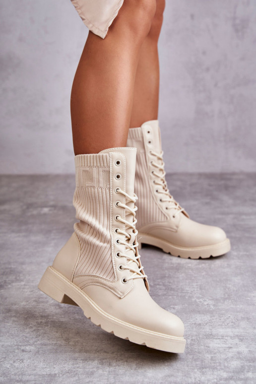 Women's ankle boots with sock-type shaft and wide heels in sand color Liam