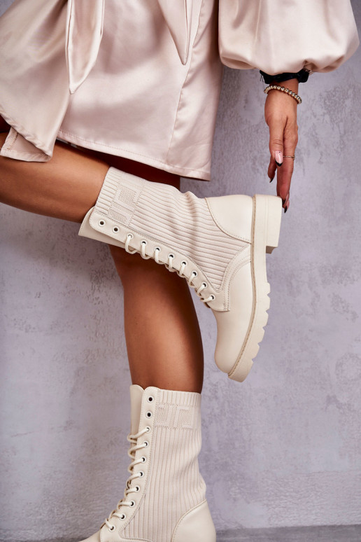 Women's ankle boots with sock-type shaft and wide heels in sand color Liam