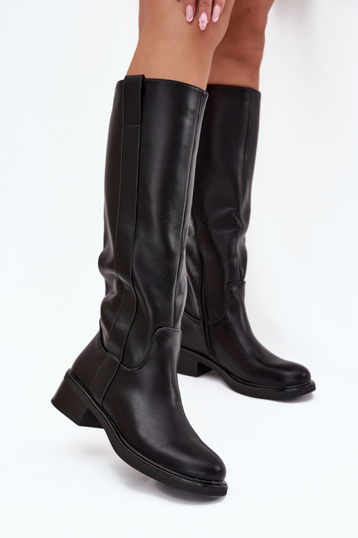 Women's knee-high boots with low heel in black color Averna