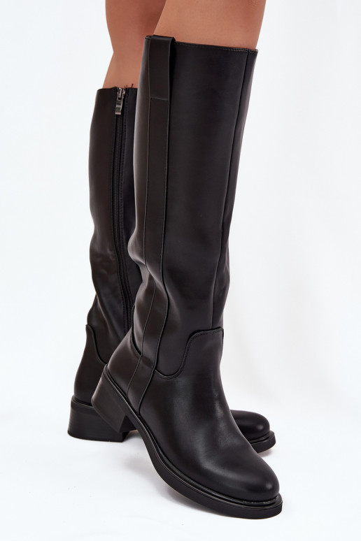 Women's knee-high boots with low heel in black color Averna