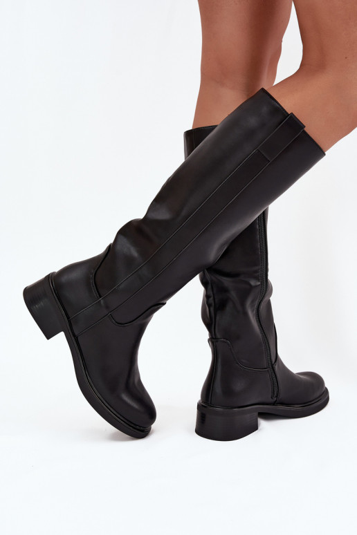 Women's knee-high boots with low heel in black color Averna