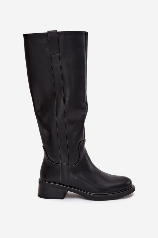 Women's knee-high boots with low heel in black color Averna