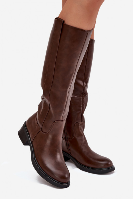 Women's knee-high boots with low heel in brown color Averna