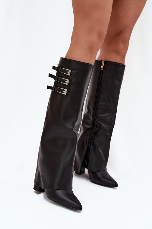 Women's knee-high boots with heels and lacing shaft, straps with buckles in black color Nirisa