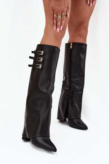 Women's knee-high boots with heels and lacing shaft, straps with buckles in black color Nirisa 2