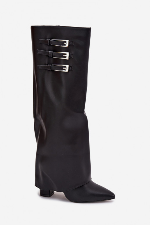 Women's knee-high boots with heels and lacing shaft, straps with buckles in black color Nirisa