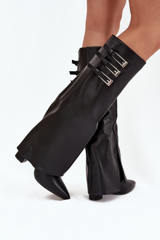 Women's knee-high boots with heels and lacing shaft, straps with buckles in black color Nirisa