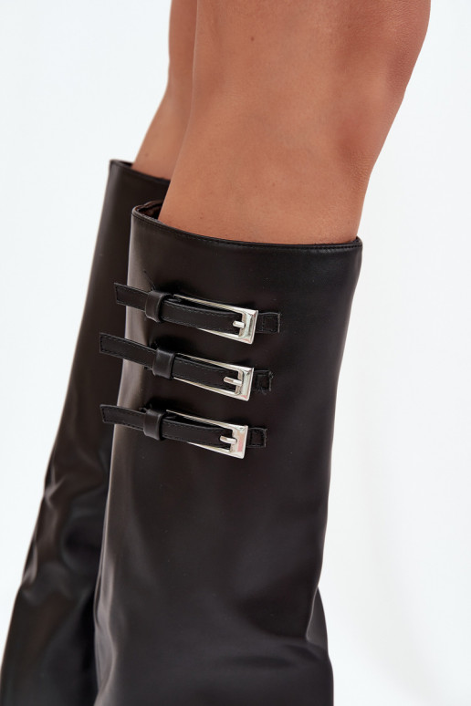Women's knee-high boots with heels and lacing shaft, straps with buckles in black color Nirisa