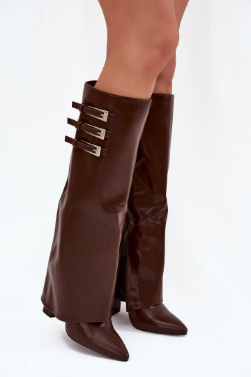 Women's knee-high boots with heels and lacing shaft, straps with buckles in chocolate color Nirisa