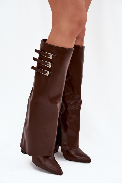 Women's knee-high boots with heels and lacing shaft, straps with buckles in chocolate color Nirisa