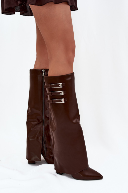 Women's knee-high boots with heels and lacing shaft, straps with buckles in chocolate color Nirisa