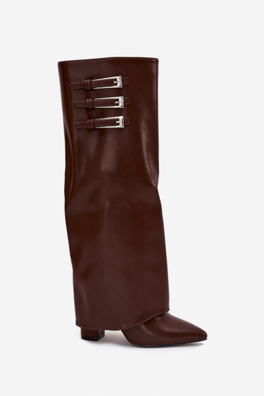 Women's knee-high boots with heels and lacing shaft, straps with buckles in chocolate color Nirisa