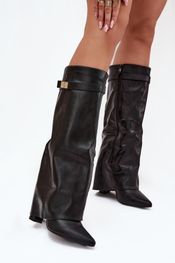 Women's knee-high boots with heels and lacing shaft, with golden details in black color Diorna 2