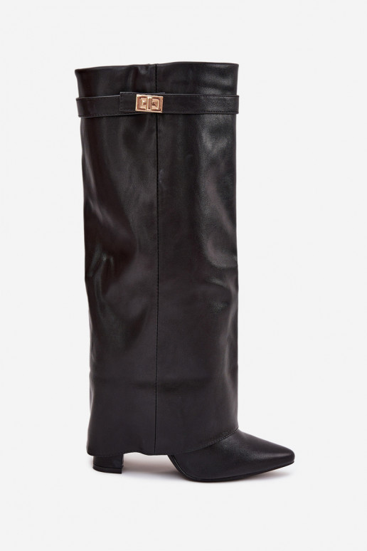 Women's knee-high boots with heels and lacing shaft, with golden details in black color Diorna