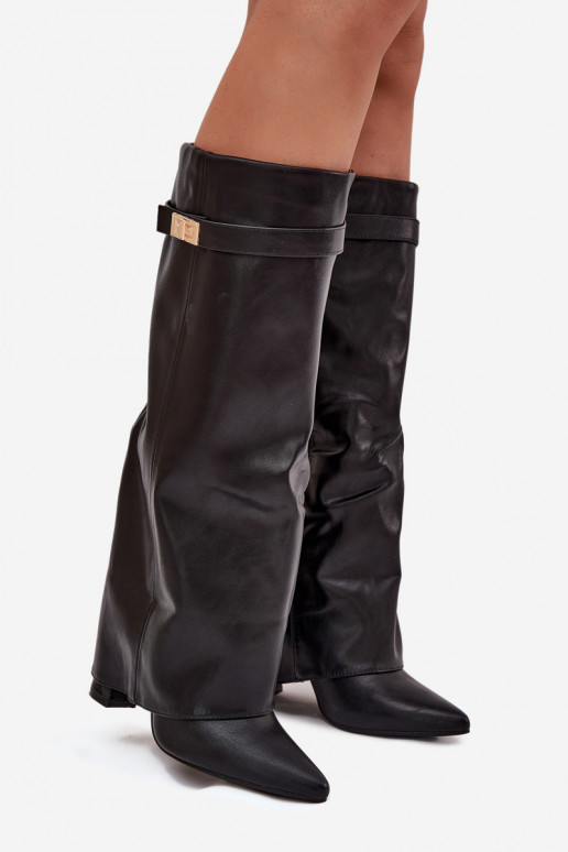 Women's knee-high boots with heels and lacing shaft, with golden details in black color Diorna
