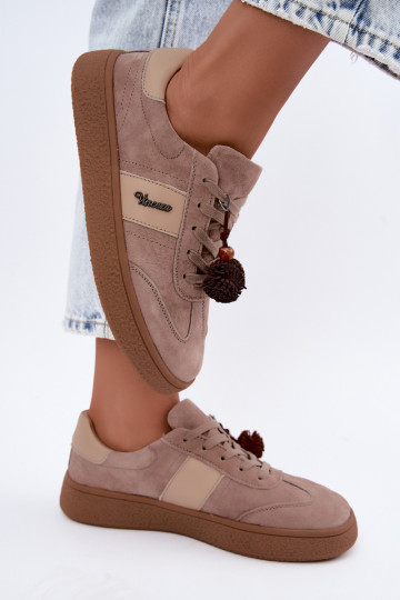 Faux suede sneakers with fluffy pom-poms Vinceza 79682 sand