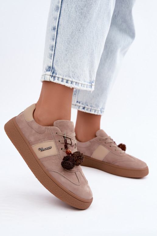 Faux suede sneakers with fluffy pom-poms Vinceza 79682 sand