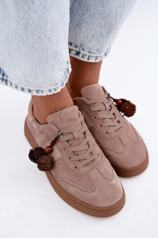 Faux suede sneakers with fluffy pom-poms Vinceza 79682 sand