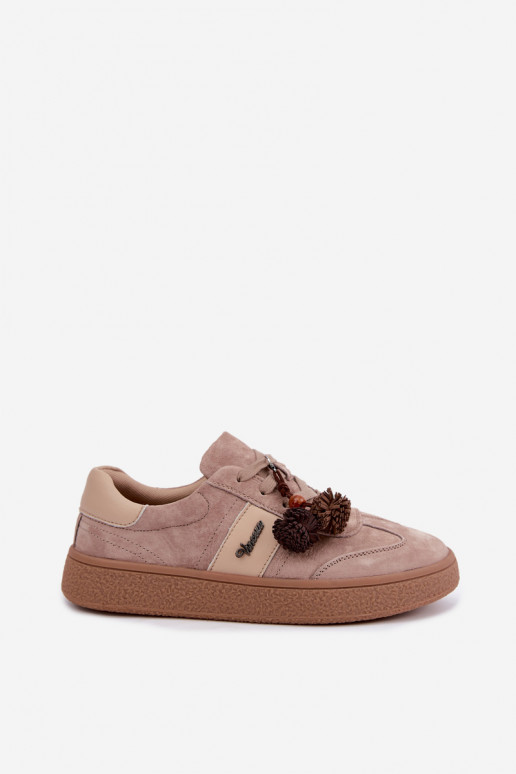 Sneakers z sztucznej zamszowej skóry z puszystymi pomponami Vinceza 79682 piaskowe