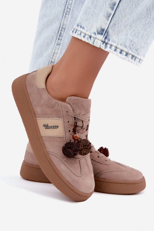 Faux suede sneakers with fluffy pom-poms Vinceza 79682 sand