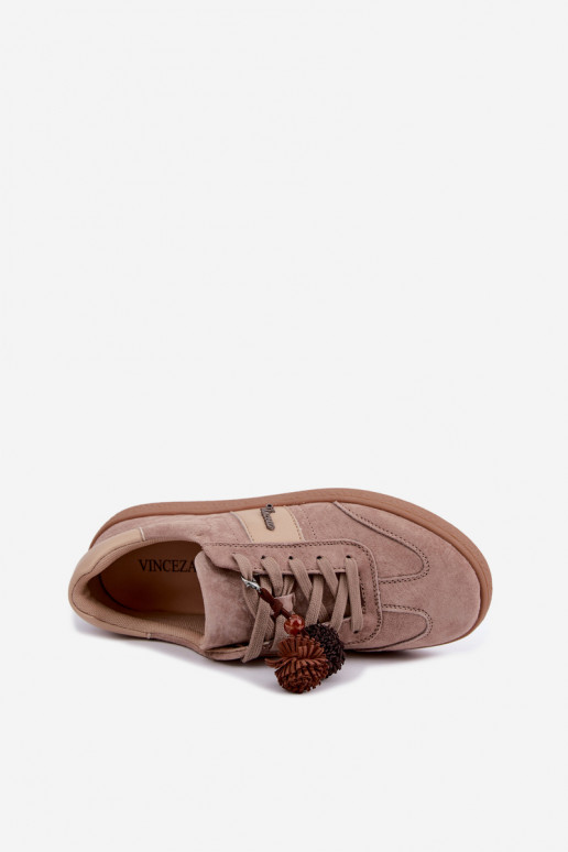 Faux suede sneakers with fluffy pom-poms Vinceza 79682 sand