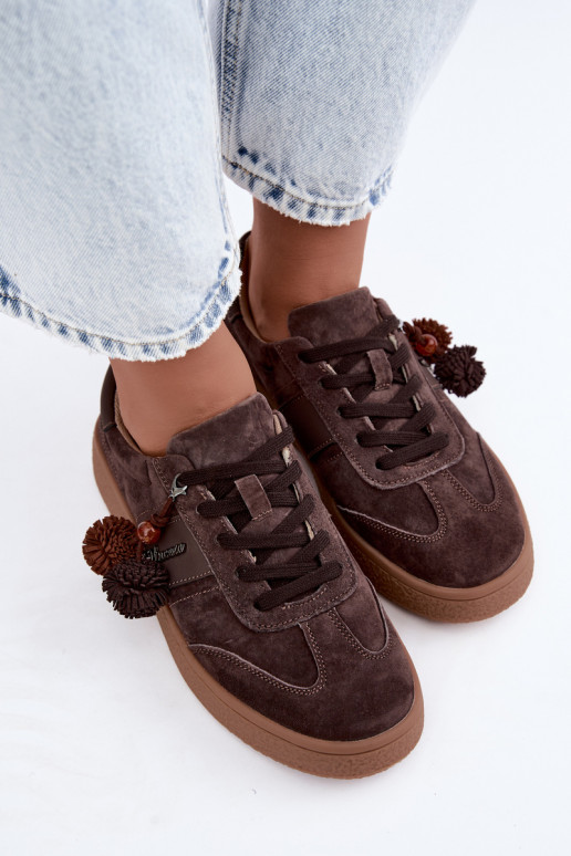 Faux suede sneakers with fluffy pom-poms Vinceza 79682 chocolate