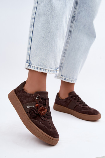 Faux suede sneakers with fluffy pom-poms Vinceza 79682 chocolate 2
