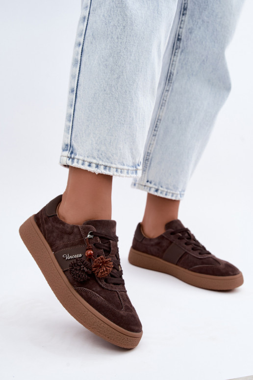 Faux suede sneakers with fluffy pom-poms Vinceza 79682 chocolate