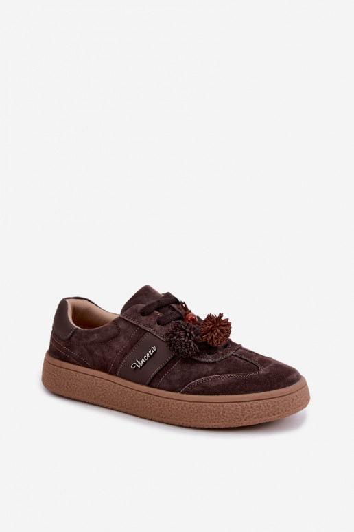 Faux suede sneakers with fluffy pom-poms Vinceza 79682 chocolate