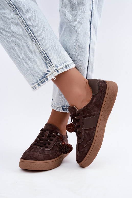 Faux suede sneakers with fluffy pom-poms Vinceza 79682 chocolate