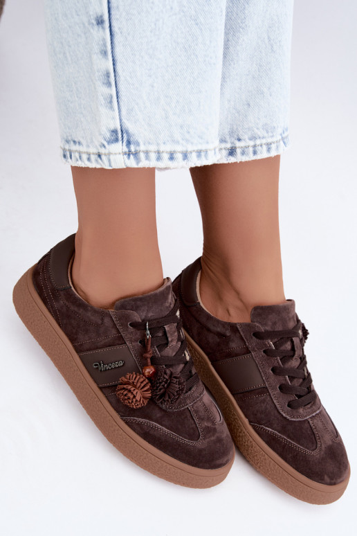 Faux suede sneakers with fluffy pom-poms Vinceza 79682 chocolate