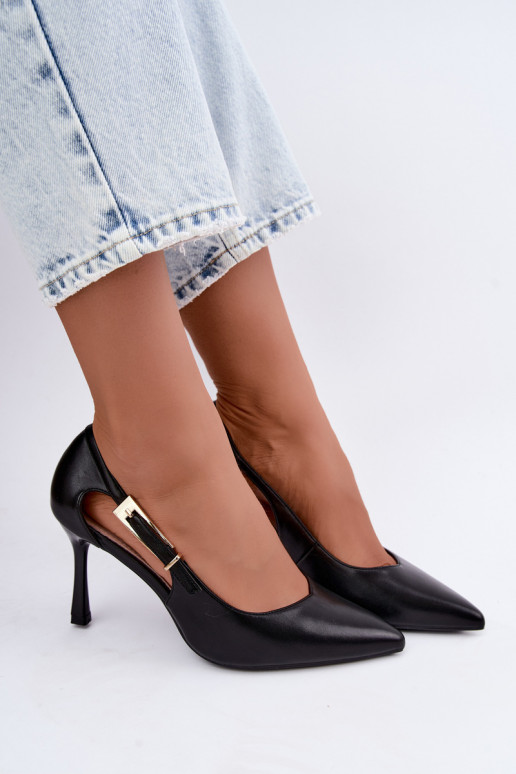 High-heeled shoes with cutouts and golden buckles Vinceza 62288 black