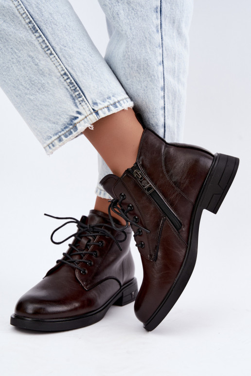 Warm women's ankle boots with low heel Vinceza 39953 chocolate