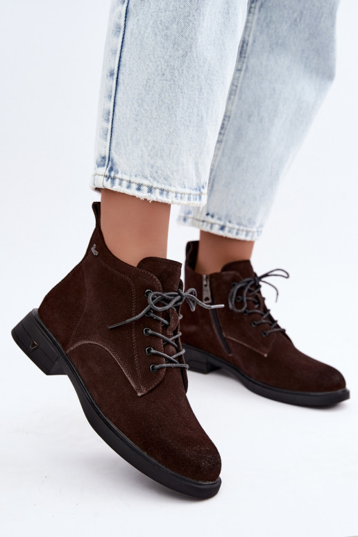 Warm suede shoes with low heel Vinceza 39953 chocolate