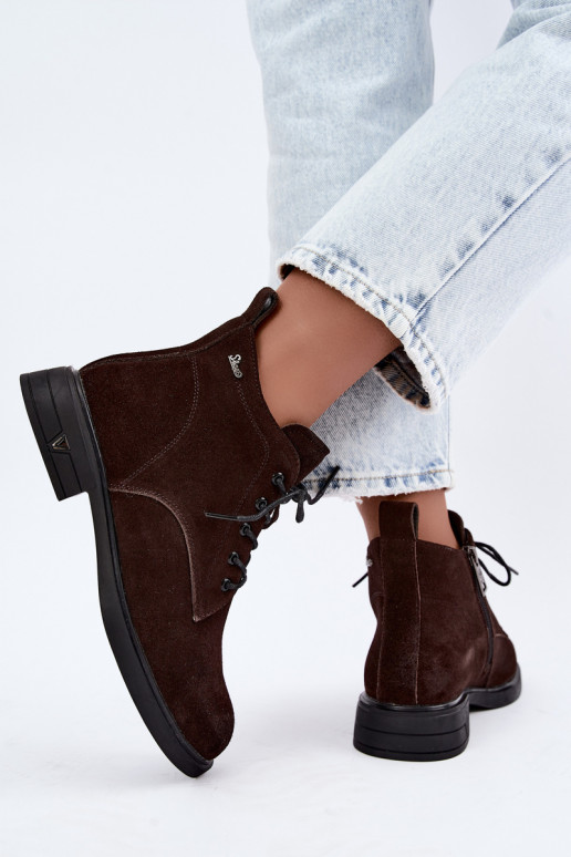 Warm suede shoes with low heel Vinceza 39953 chocolate