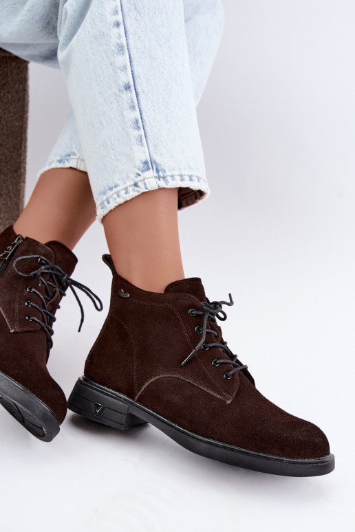Warm suede shoes with low heel Vinceza 39953 chocolate
