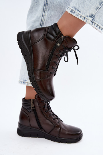 Skórzane damskie botki na platformie, ocieplane Vinceza 39963 w kolorze czekoladowym