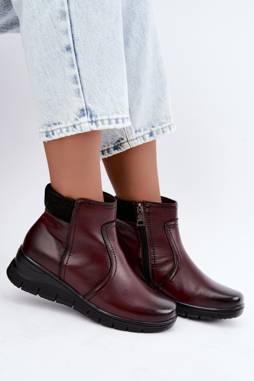 Leather insulated ankle boots with platform Vinceza 133116 in burgundy color