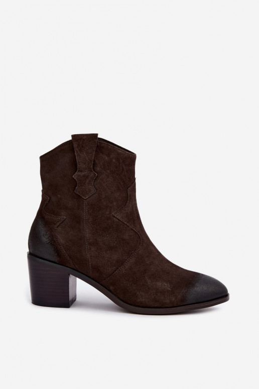 Leather suede cowboy-style insulated boots D&A CR62-3395 in dark brown color